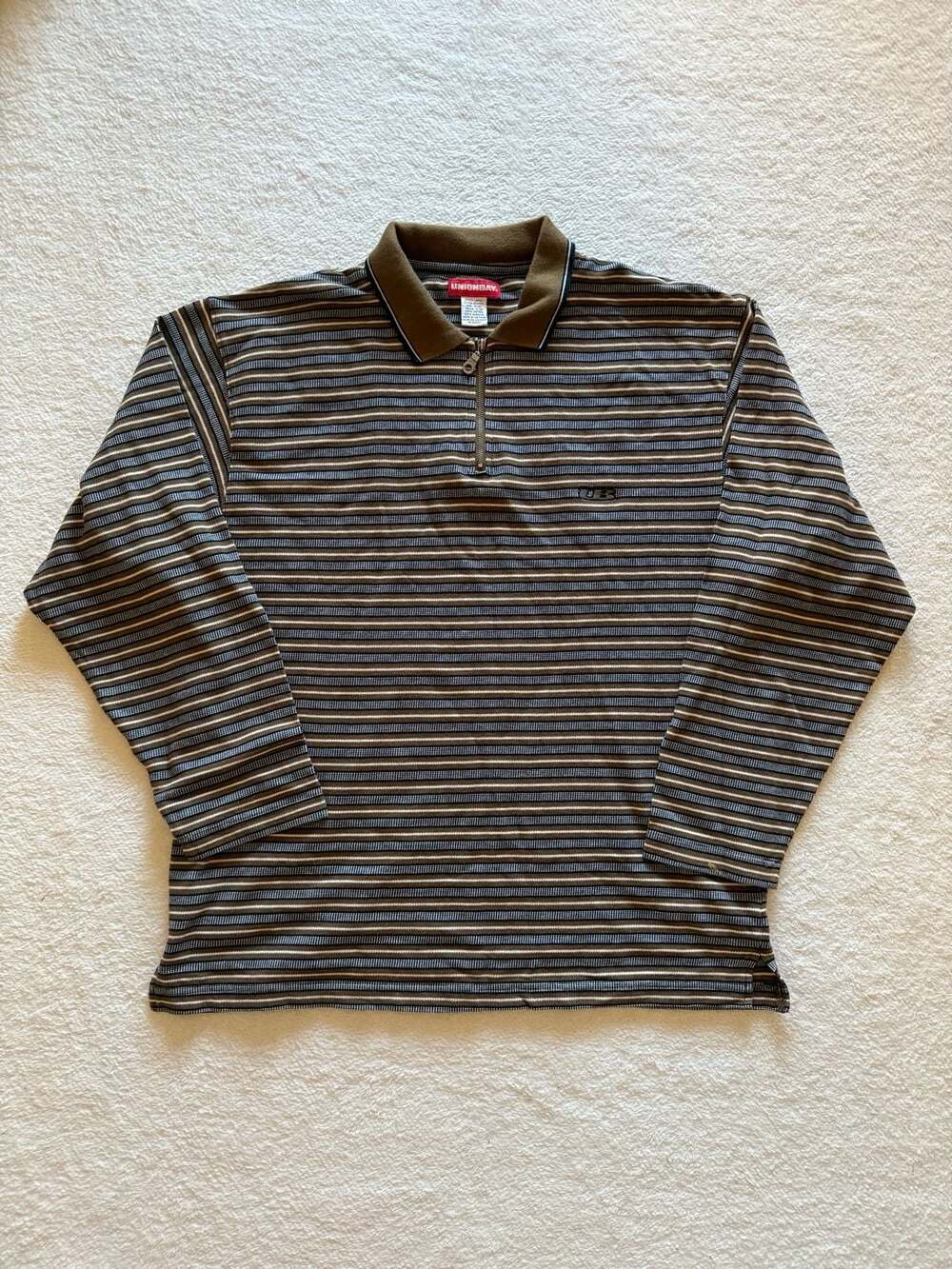 UnionBay Mens XL Brown Striped Long Sleeve 1/4 Zip Polo Shirt